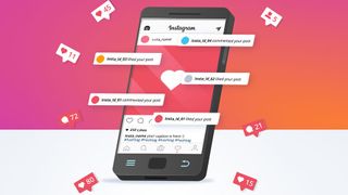 Smartphone displaying Instagram surrounded by like icons and comments