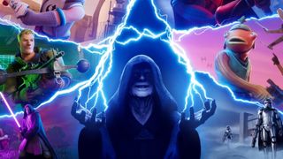 Emperor Palpatine fires force lightning from his fingertips in Fortnite while a bunch of Fortnite guys look on.