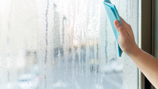 Hand wiping window condensation with a blue cloth