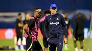 Pierre-Emerick Aubameyang and Thomas Tuchel during a training session before the UEFA Champions League match between Dinamo Zagreb and Chelsea on 5 September, 2022 at the Stadion Maksimir, Zagreb, Croatia