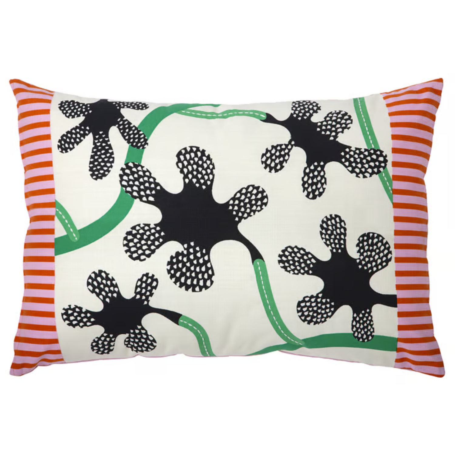 A white pillow with pink and red striped hems and dotted black flowers with green stems in the middle