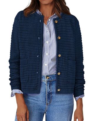 Btfbm Women Cardigan Sweaters Fall Fashion 2024 Button Down Long Sleeve Chunky Knit Open Front Tweed Jacket Outerwear(solid Navy, Medium)