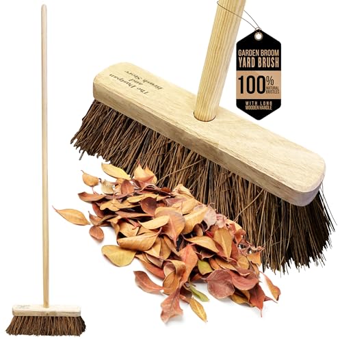 10&amp;rdquo; Garden Broom Outdoor With Wooden Handle Natural Stiff Bassine Hard Bristle Broom Yard Brush Heavy Duty Outdoor Stiff Sweeping Yard Brush