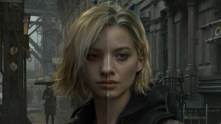 Nvidia comparison tool featuring Grace from Resident Evil Requiem and DLSS 5 switched off on left and enabled on right.
