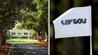 Images of the Augusta National clubhouse and the LIV Golf flag