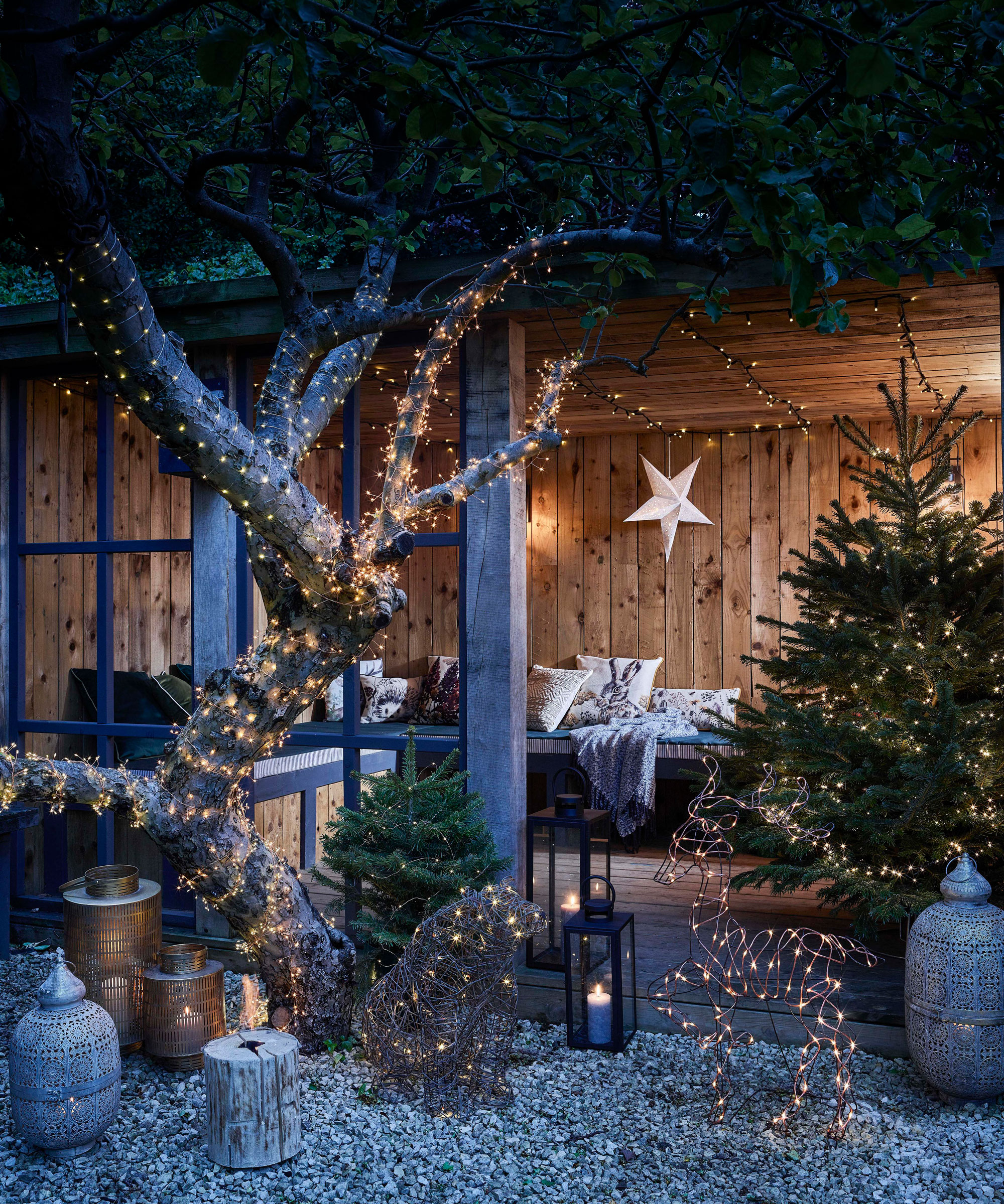 Magical outdoor Christmas lighting scene