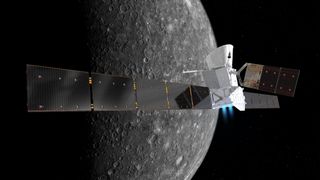 An artist's illustration of the two BepiColombo spacecraft at Mercury. The mission will send orbiters from Europe and Japan to the innermost planet.
