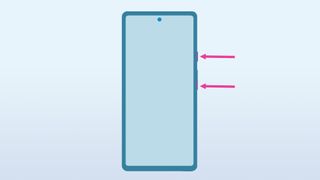 Outline of a Google Pixel 6 on a blue background, showing pink arrows pointing at the power and volume down buttons