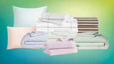 brooklinen bedding and towels on a colorful background