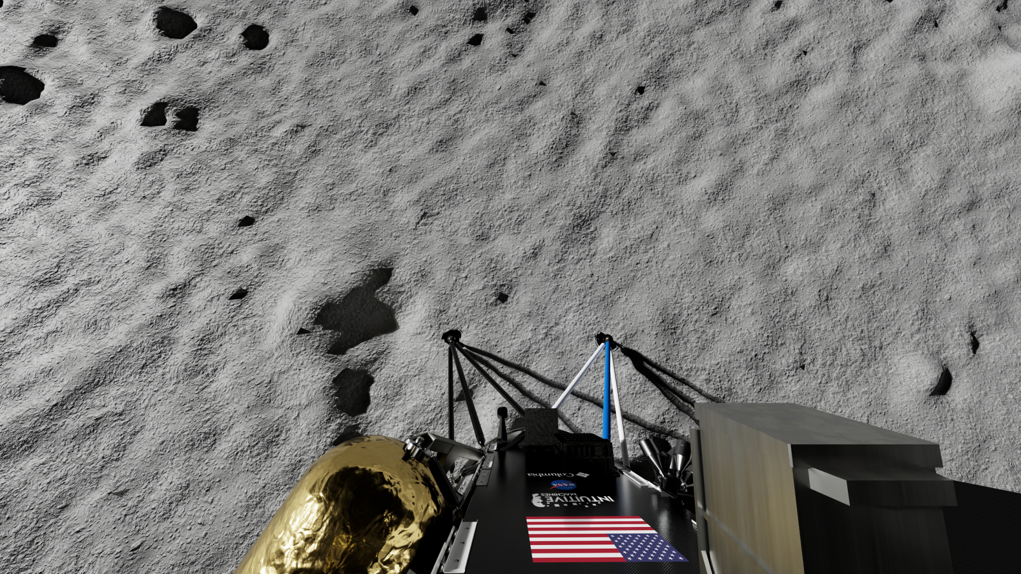 Ilustracja przedstawiająca lądownik Nova-C IM-1 Intuitive Machines na powierzchni Księżyca.