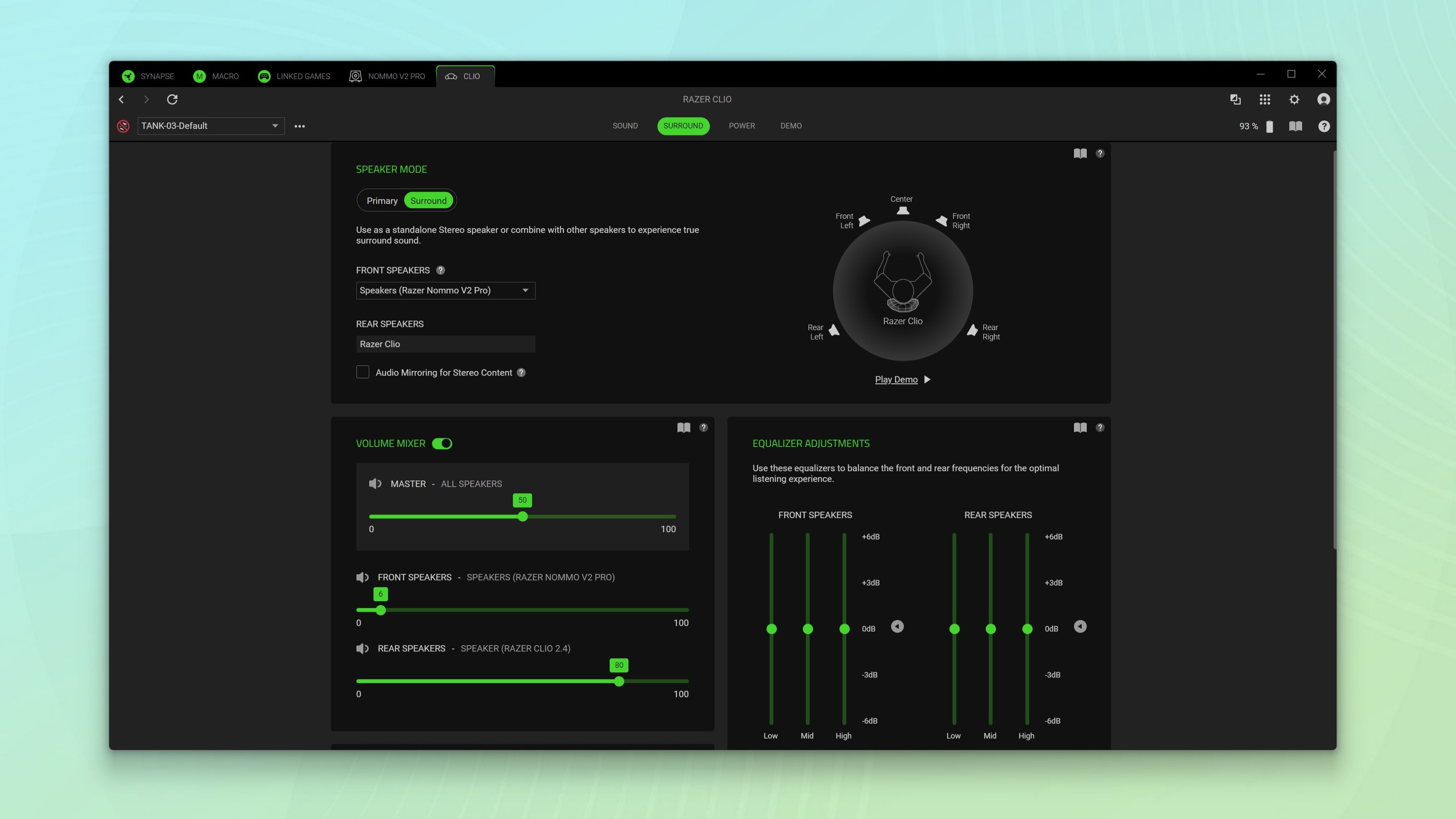 A screenshot showing the various settings for the Razer Clio wireless speaker head cushion in Razer's Synapse software on PC