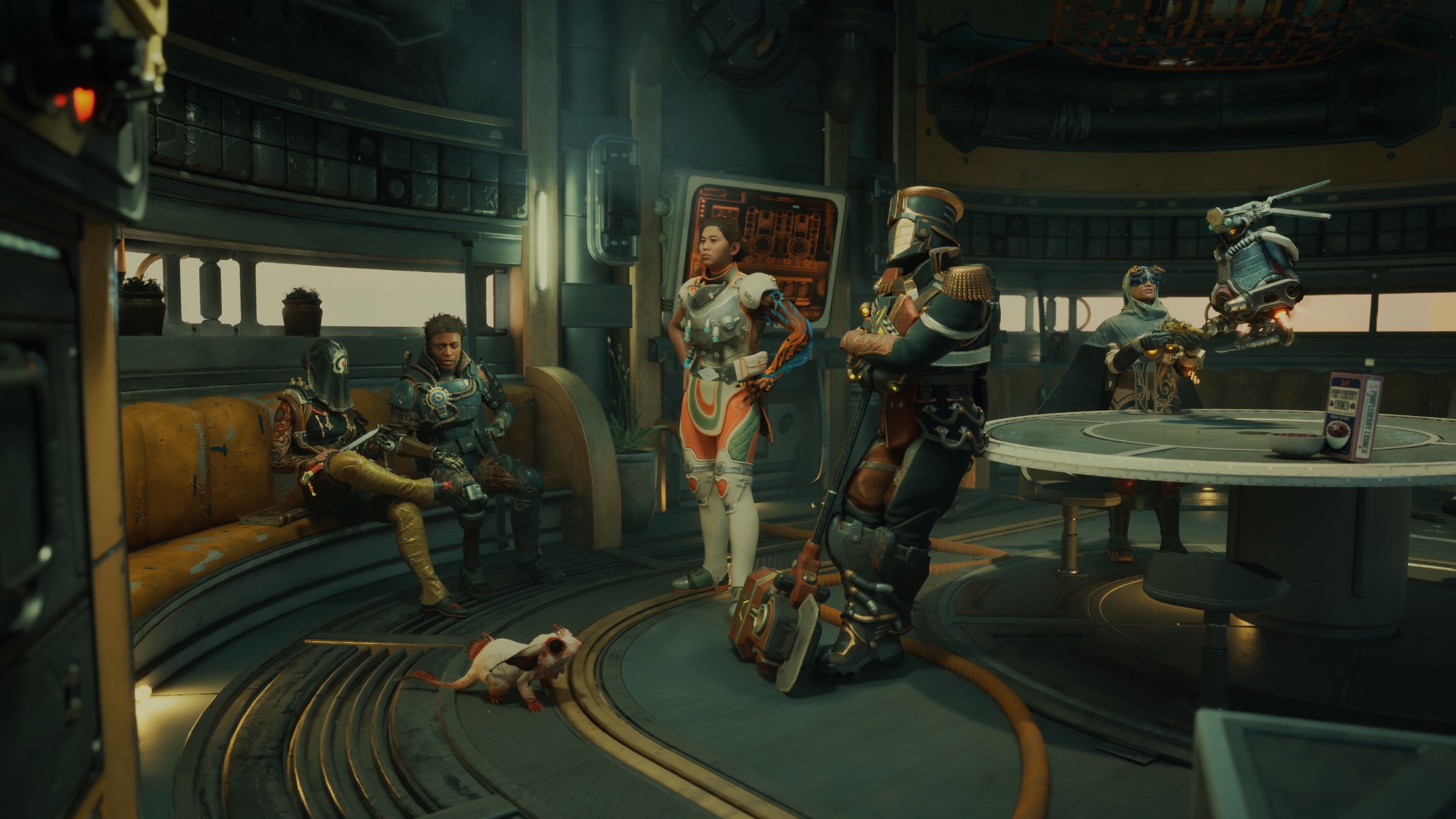 A crew of Outer Worlds 2 characters fraternizing around a table.