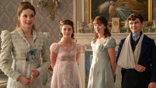 From left to right: Francesca, Hyacinth, Eoloise and Gregory in the Bridgerton drawing room smiling.