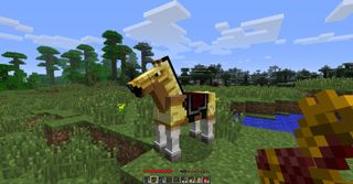 A Minecraft horse grazing in a grassy biome