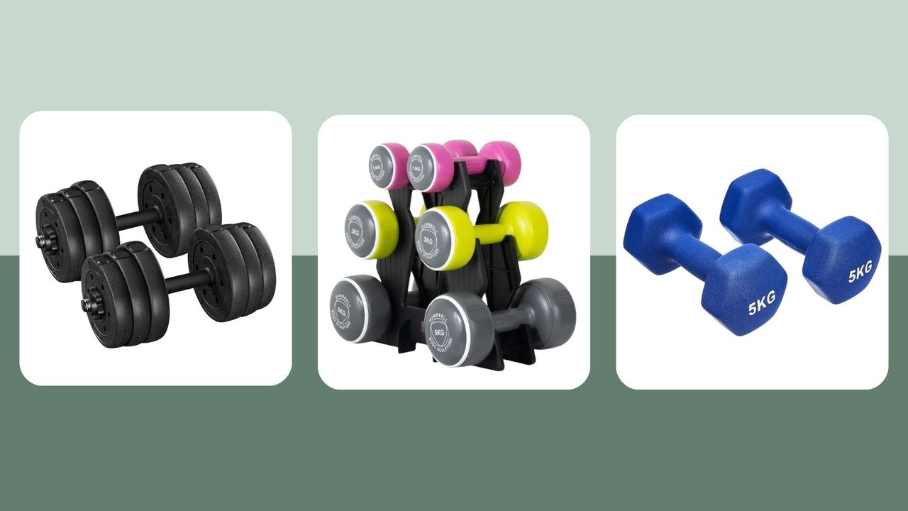 A selection of the best dumbbells, including adjustable dumbbells, dumbbells in a storage rack, and cheap dumbbells