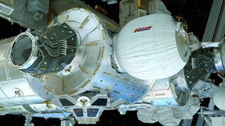 An artist's illustration of the Bigelow Expandable Activity Module (BEAM), built by Bigelow Aerospace, inflated and attached to the International Space Station.