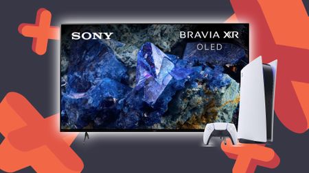 Sony Bravia XR A75L next to PS5 with GamesRadar+ grey backdrop with orange plus logos