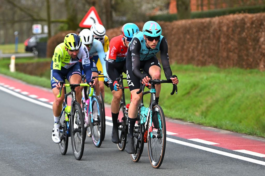 SCHOTEN BELGIUM APRIL 03 Stijn Appel of The Netherlands and Team BEAT Cycling Club leads the peloton during the 112th Scheldeprijs 2024 Mens Elite a 2053km one day race from Terneuzen to Schoten on April 03 2024 in Schoten Belgium Photo by Luc ClaessenGetty Images