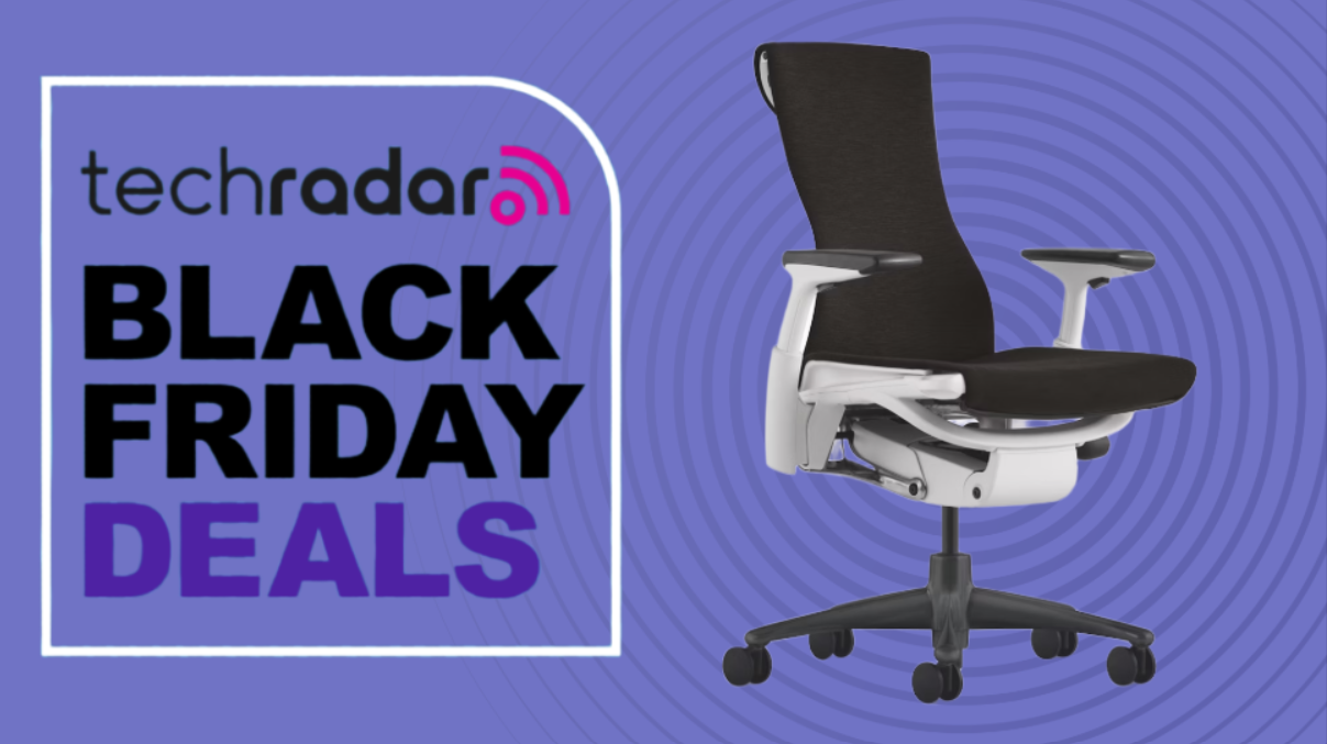 Herman Miller Embody on a purple background next to a TechRadar badge reading 'Black Friday deals'