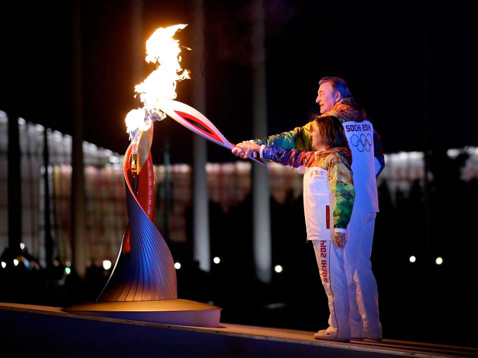 Sochi Winter Olympics Launch with SpaceFlown Torch, Cosmonaut Flag