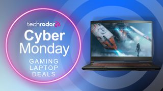 An MSI gaming laptop against a TechRadar Cyber Monday Gaming Laptop Deals background