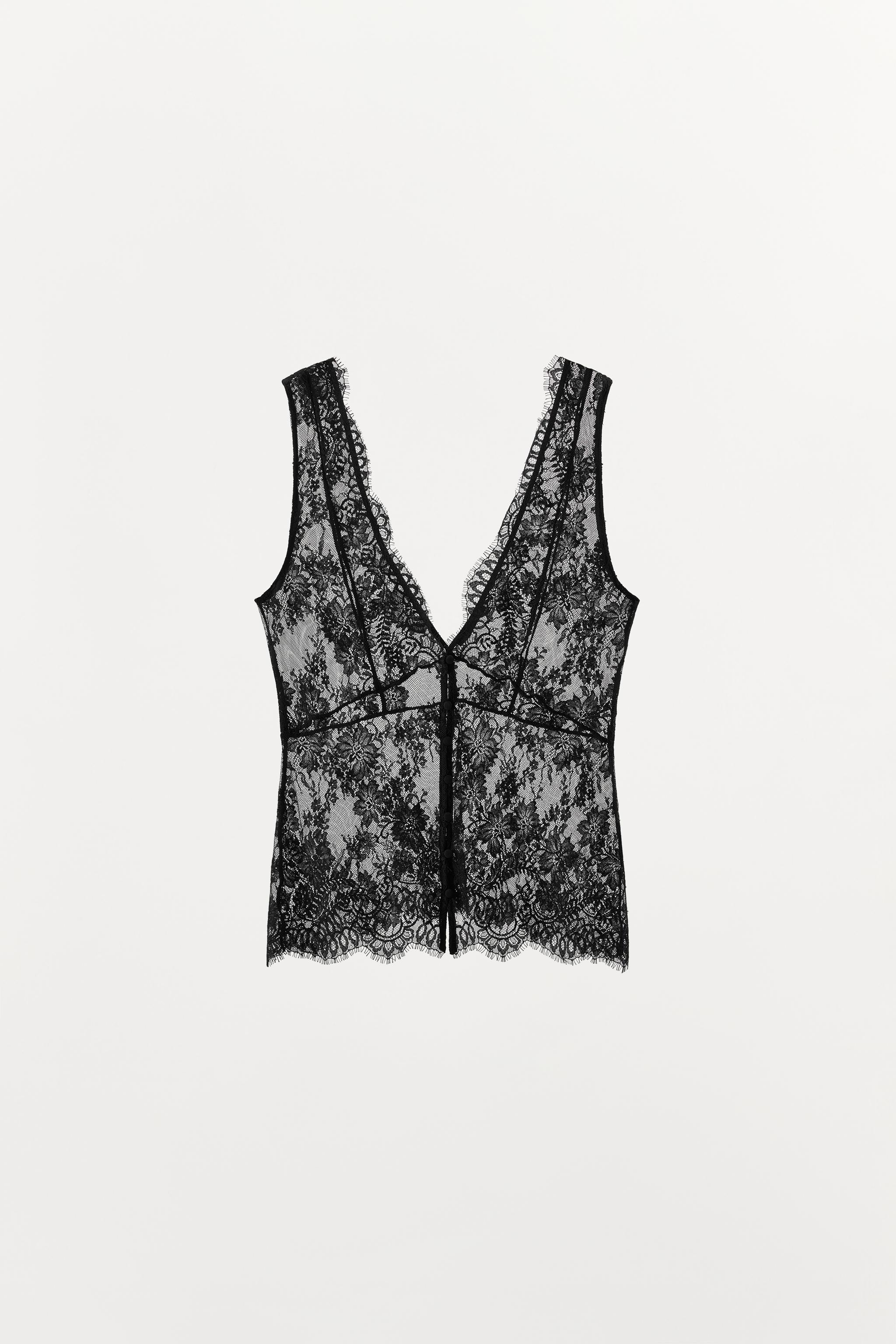 Lace Button-Up Top - Black - Xs