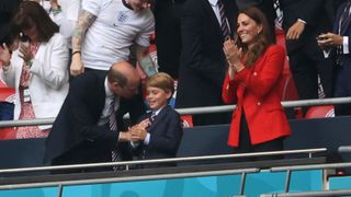 Prince William, President of the Football Association and Prince George along with Catherine, Duchess of Cambridge celebrate during the UEFA Euro 2020 Championship Round of 16 match between England and Germany at Wembley Stadium on June 29, 2021 in London, England.