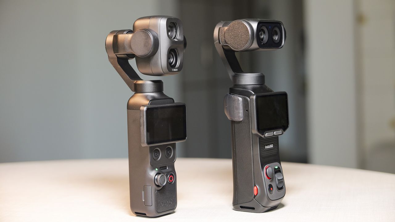 DJI Osmo Pocket 4P vlogging camera on a white desk in modern room, alongside the Insta360 Luna Ultra