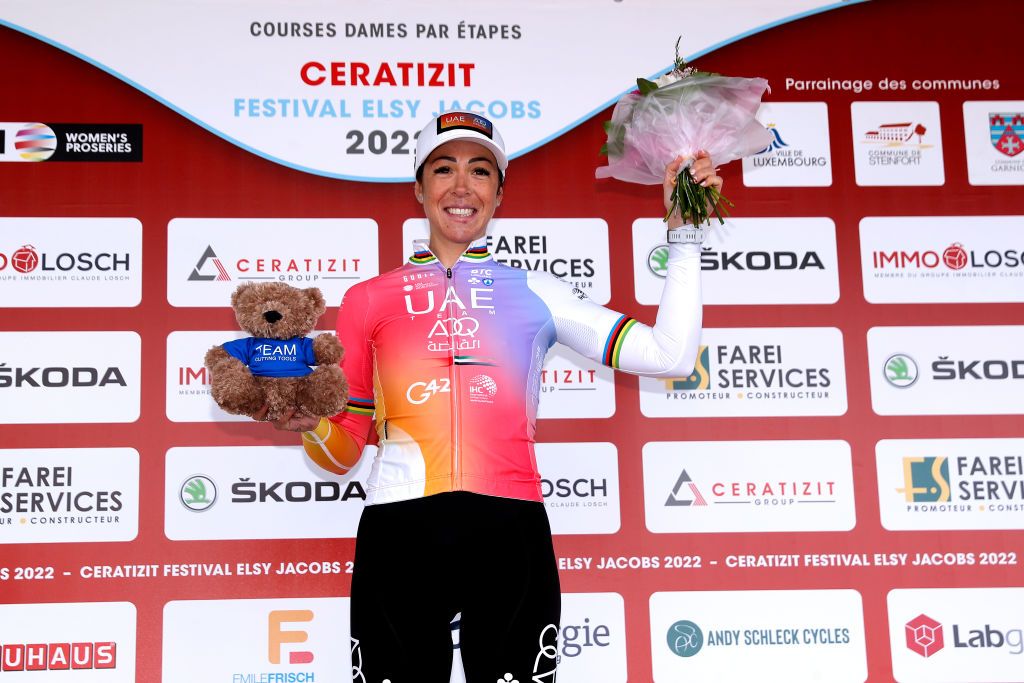 STEINFORT LUXEMBOURG APRIL 30 Marta Bastianelli of Italy and UAE Team ADQ celebrates at podium as stage winner during the 14th Ceratizit Festival Elsy Jacobs 2022 Stage 1 a 1214km stage from Steinfort to Steinfort felsy on April 30 2022 in Steinfort Luxembourg Photo by Bas CzerwinskiGetty Images