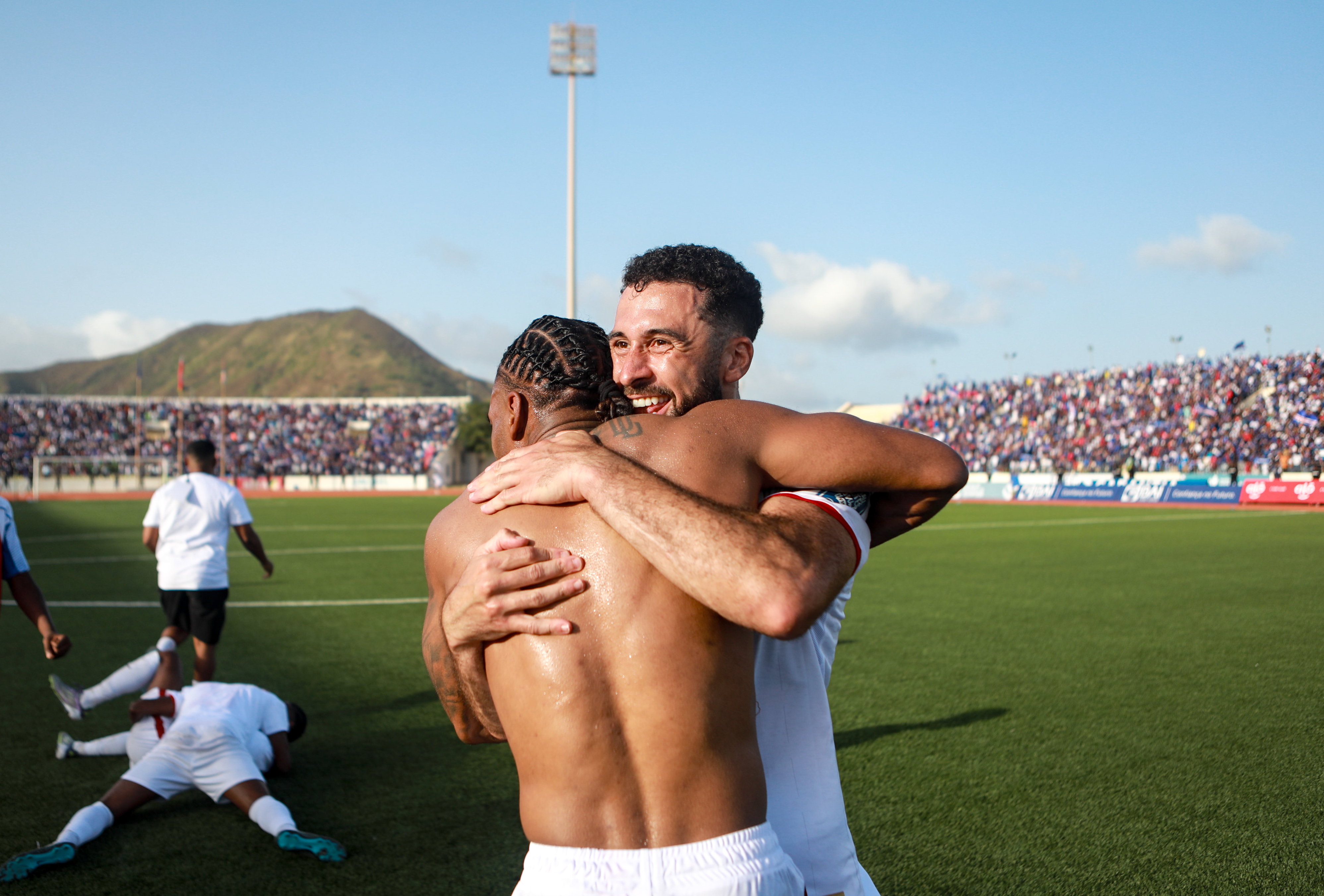 Praia , Cape Verde - 13 October 2025; Roberto Lopes, right, and Garry Rodrigues of Cape Verde celebrate their side&#039;s qualification for the 2026 FIFA World Cup after the FIFA World Cup 2026 African qualifying match between Cape Verde and Eswatini at Estádio Nacional de Cabo Verde in Praia, Cape Verde. (Photo By Cristiano Barbosa/Sportsfile via Getty Images)