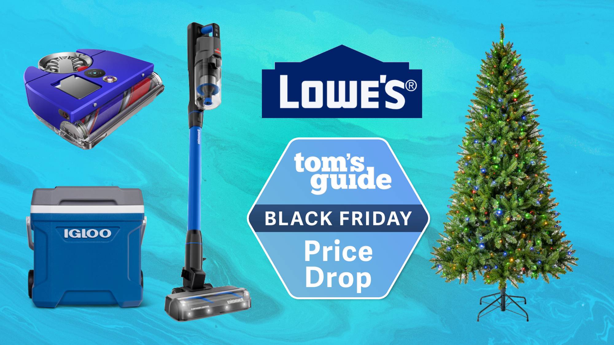 Lowe&#039;s Black Friday deals compilation featuring the Lowe&#039;s logo, Dyson robot vacuum, Bissell stick vacuum, Igloo cooler, Holiday Living Christmas tree