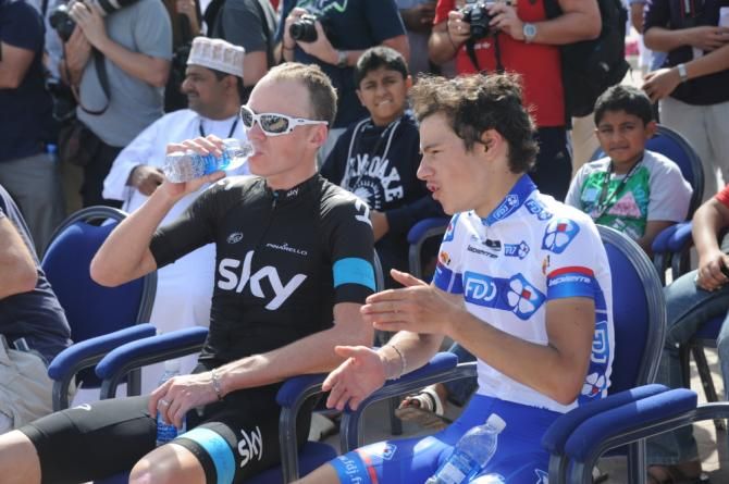 Froome and Elissoned await their time on the podium