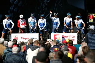 Michael Woods, Jakob Fuglsang and teammates at the start of Fleche Wallonne