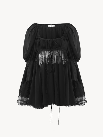 Scoop-Neck Puff-Sleeve Top in Silk Georgette & Lace