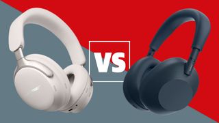 The Sony WH-1000XM6 and Bose QuietComfort Ultra Headphones on a grey and red background with a white versus sign between them.
