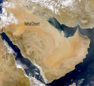 The Nefud Desert is in northern Arabia, as seen in this satellite image of Arabia, a region that modern-day Saudi Arabia, Yemen, Oman and other Gulf States.
