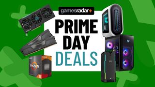 Prime Day gaming pc deals live hero image on a gamesradar green background with multiple gaming PCs and components surrounding a Prime Day stamp