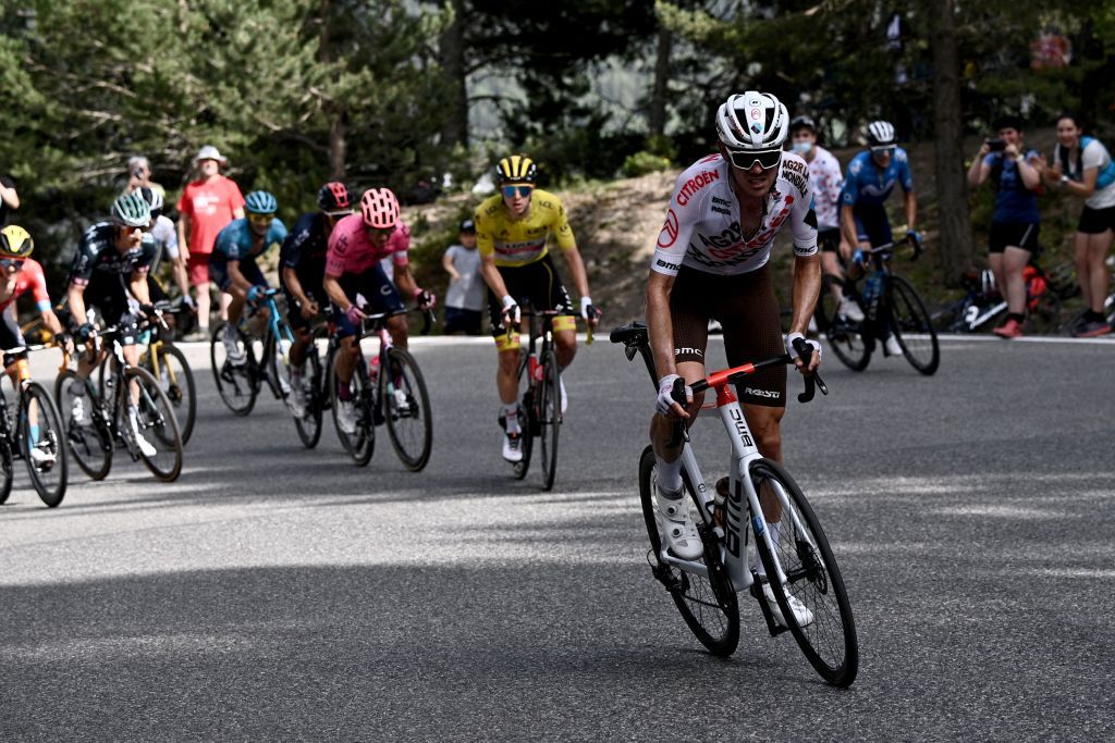Team AG2R Citroens Ben OConnor of Australia rides ahead of Team UAE Emirates Tadej Pogacar of Slovenia during the 15th stage of the 108th edition of the Tour de France cycling race 191 km between Ceret and AndorreLaVieille on July 11 2021 Photo by AnneChristine POUJOULAT AFP Photo by ANNECHRISTINE POUJOULATAFP via Getty Images