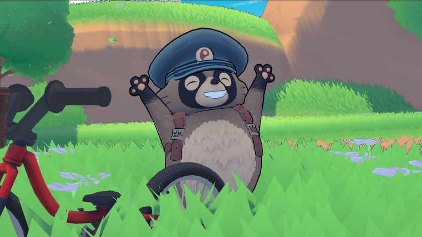 Tanuki in tanuki pons summer with his hands in the air smiling