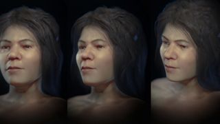 An artist's digital approximation of a Stone Age woman seen from multiple angles. 