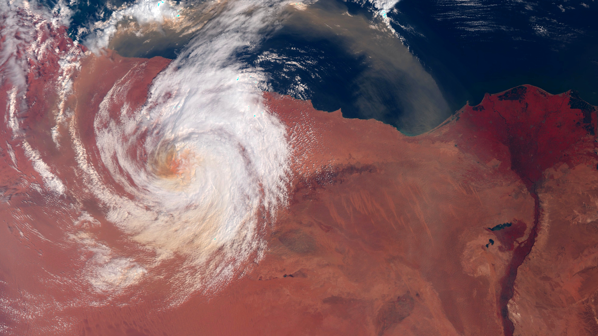 Satellites watch rare, destructive Mediterranean hurricane Daniel swirl above the Sahara (photos)