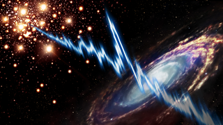 An artist's depiction of fast radio bursts coming from galaxy M81.