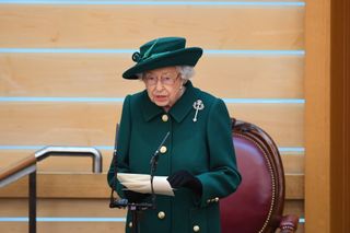 Queen Elizabeth II makes her Address to Parliament in the Debating Chamber during the opening of the sixth session of the Scottish Parliament on October 02, 2021