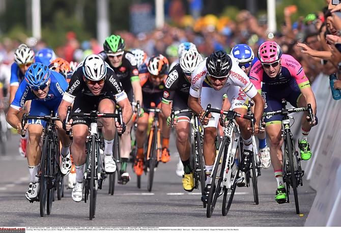 Mark Cavendish (Etixx-QuickStep) and Fernando Gaviria (Colombian National Team) sprint to the finish line