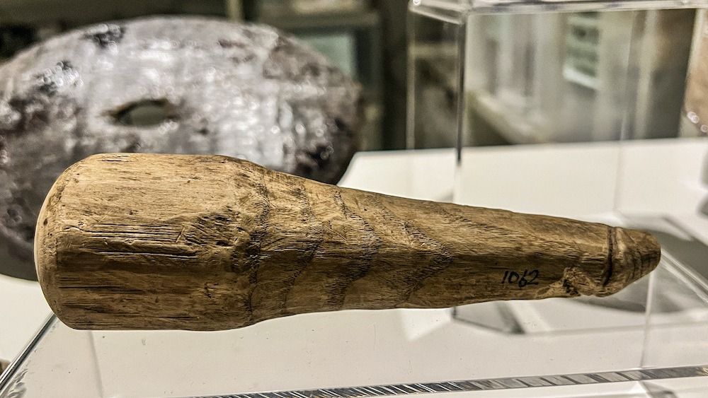 A carving of a wooden penis on display at a museum. 