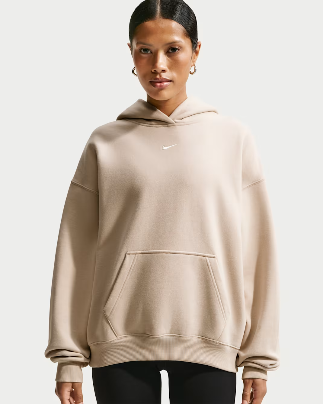 Nike Studio Fleece Medium Weight Women's Oversized Pullover Hoodie - Birch Heather/black - Size Xxs