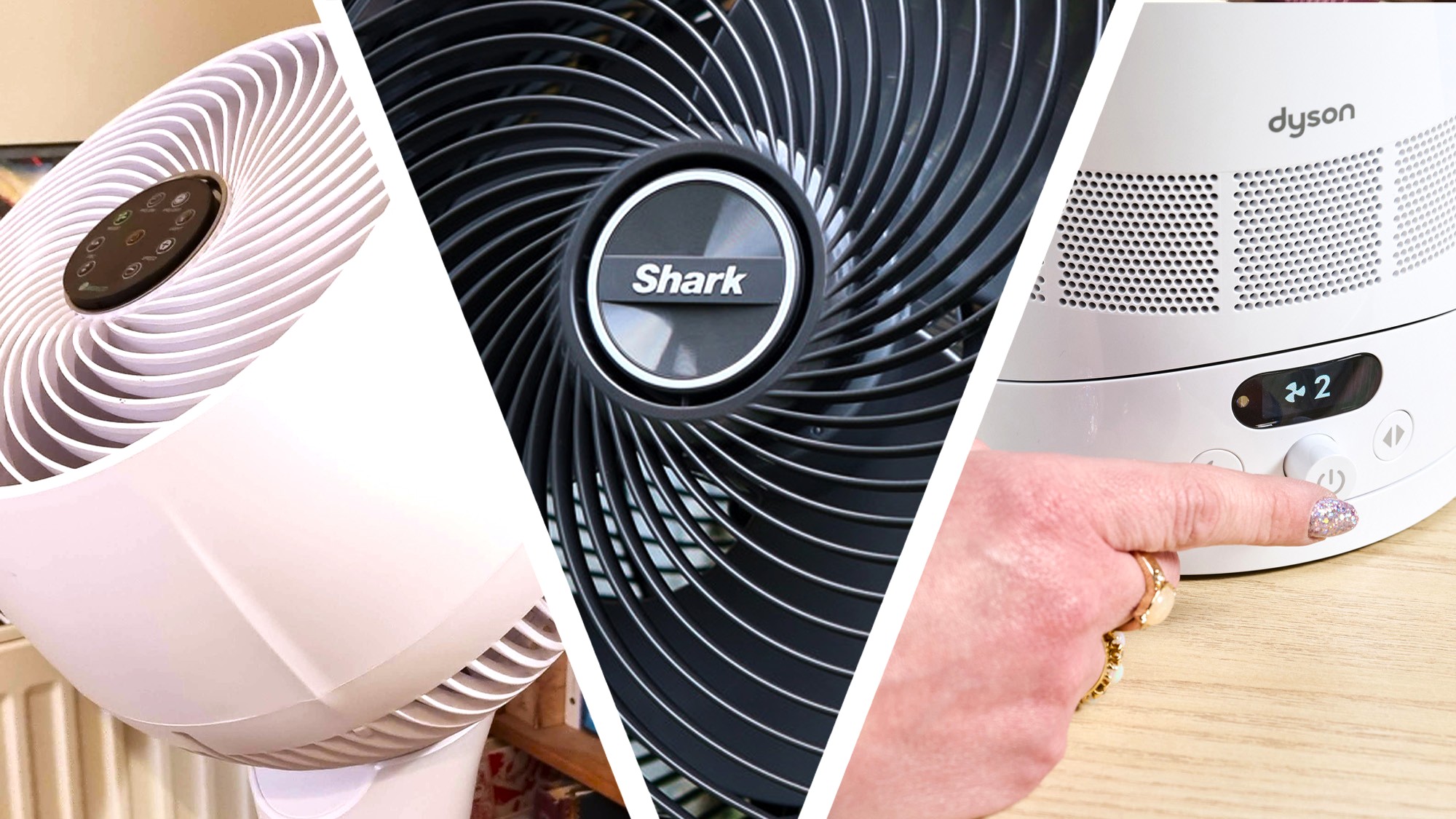 Split image of three fans from Meaco, Shark, and Dyson
