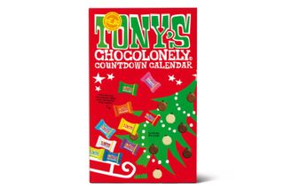 Tony's Chocolonely countdown advent calendar with bright red packaging and green Christmas tree