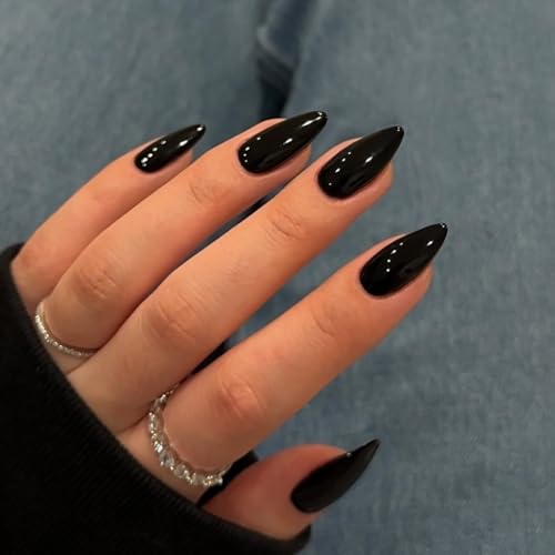 Kqueenest 48 Pcs Almond Press on Nails Medium Length,press on Black Nails,solid Color Medium Fake Nails Acrylic,stiletto Nails Glue On,long-Lasting Gel Stick on Nails for Women Finger Decoration