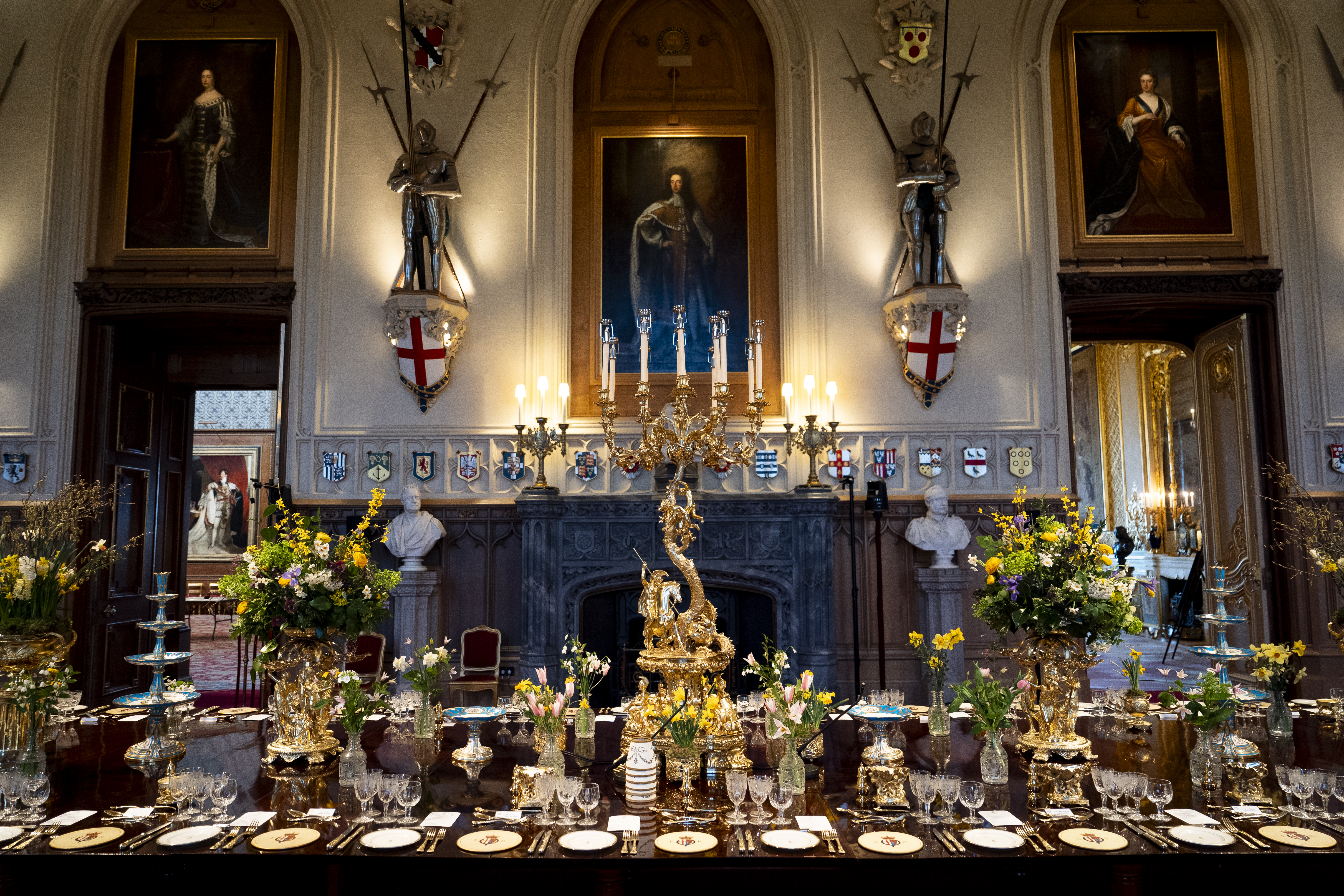 A banquet table at Windsor Castle set for a state dinner